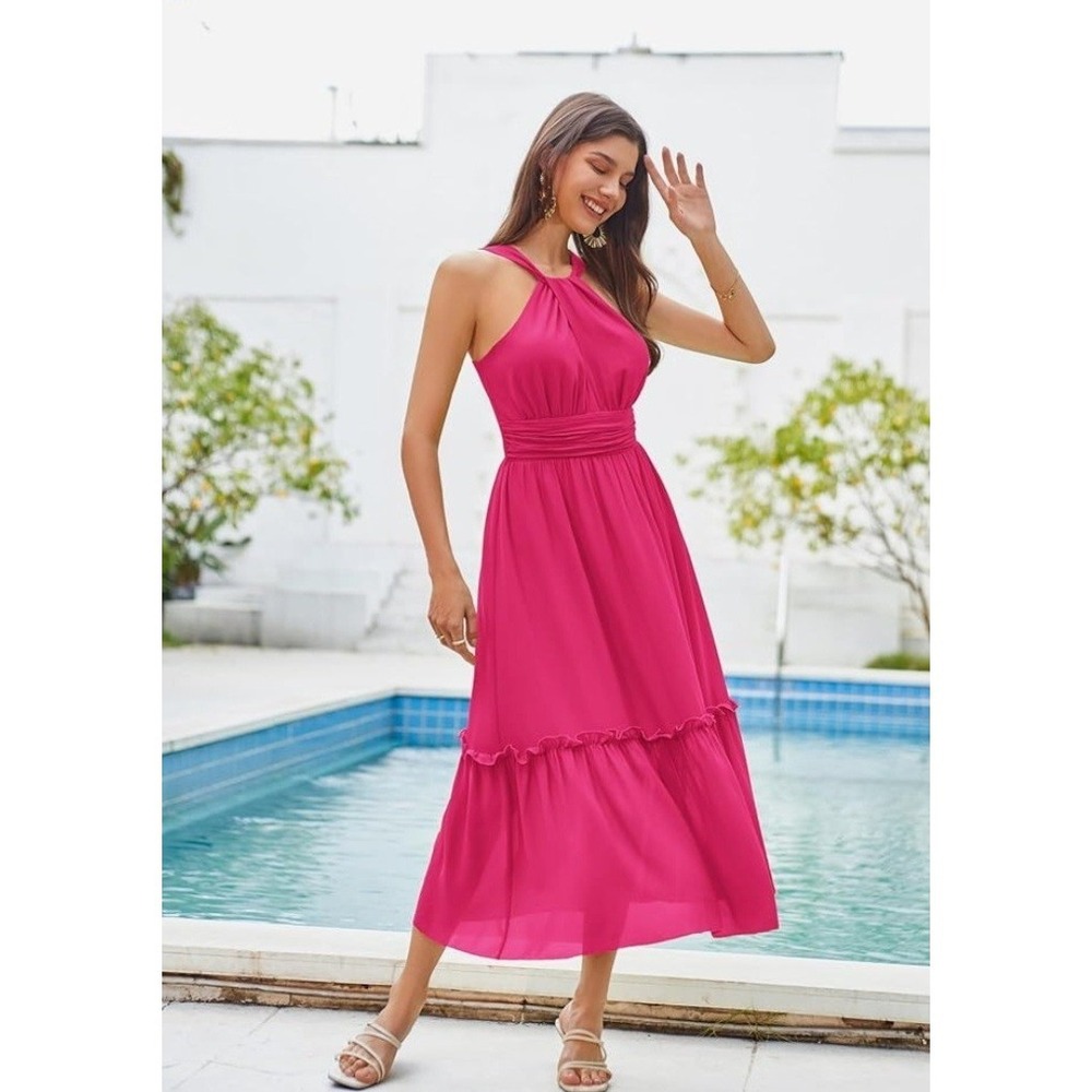 GRACE KARIN Spring Maxi Beach Dresse Sleeveless Casual Tiered Boho Pink XL NWT - Picture 2 of 4